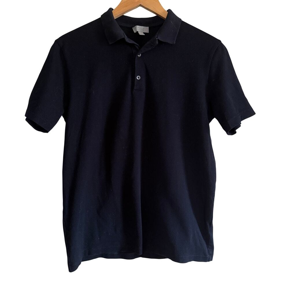 COS | Dark Navy Blue Textured Pique Cotton Polo Shirt | Small